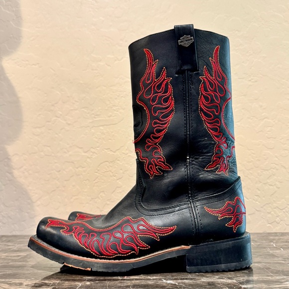 Harley Davidson Embroidered Leather Flame Moto Boots - Picture 1 of 14